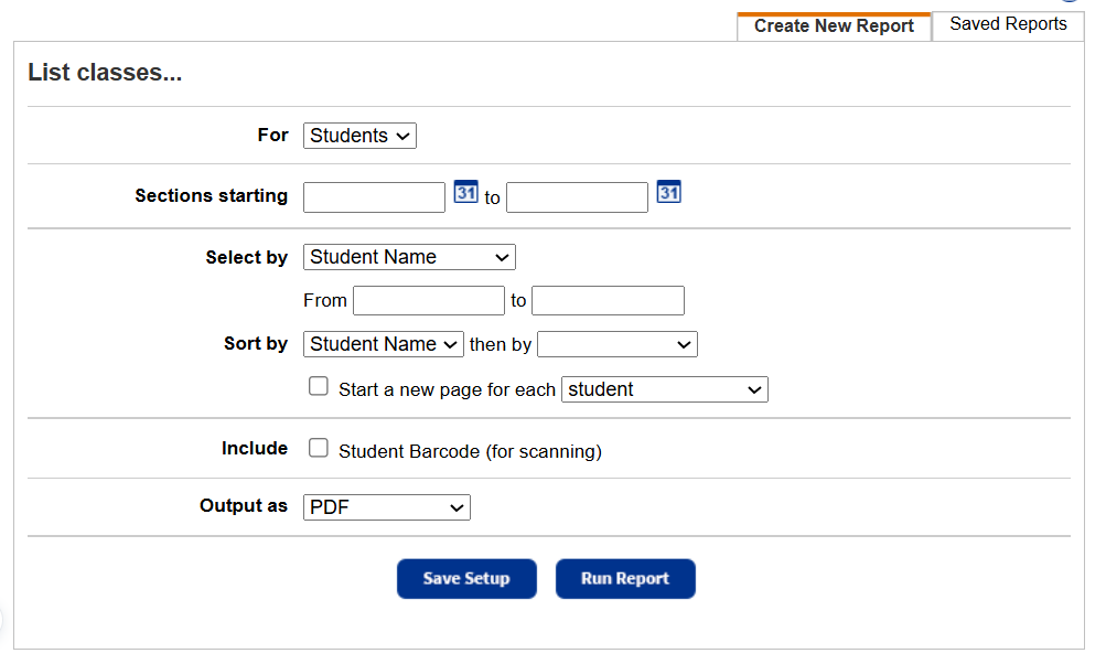 Class list for students report setup page.